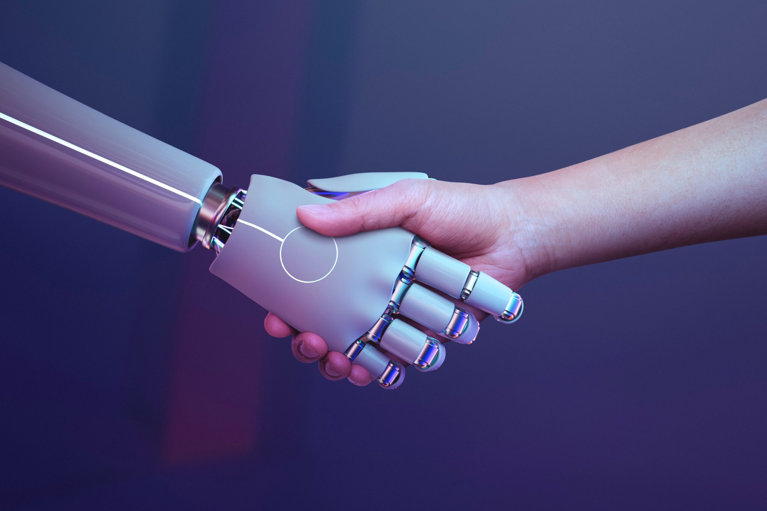 A human hand shakes a sleek robotic hand against a futuristic blue-purple gradient background.